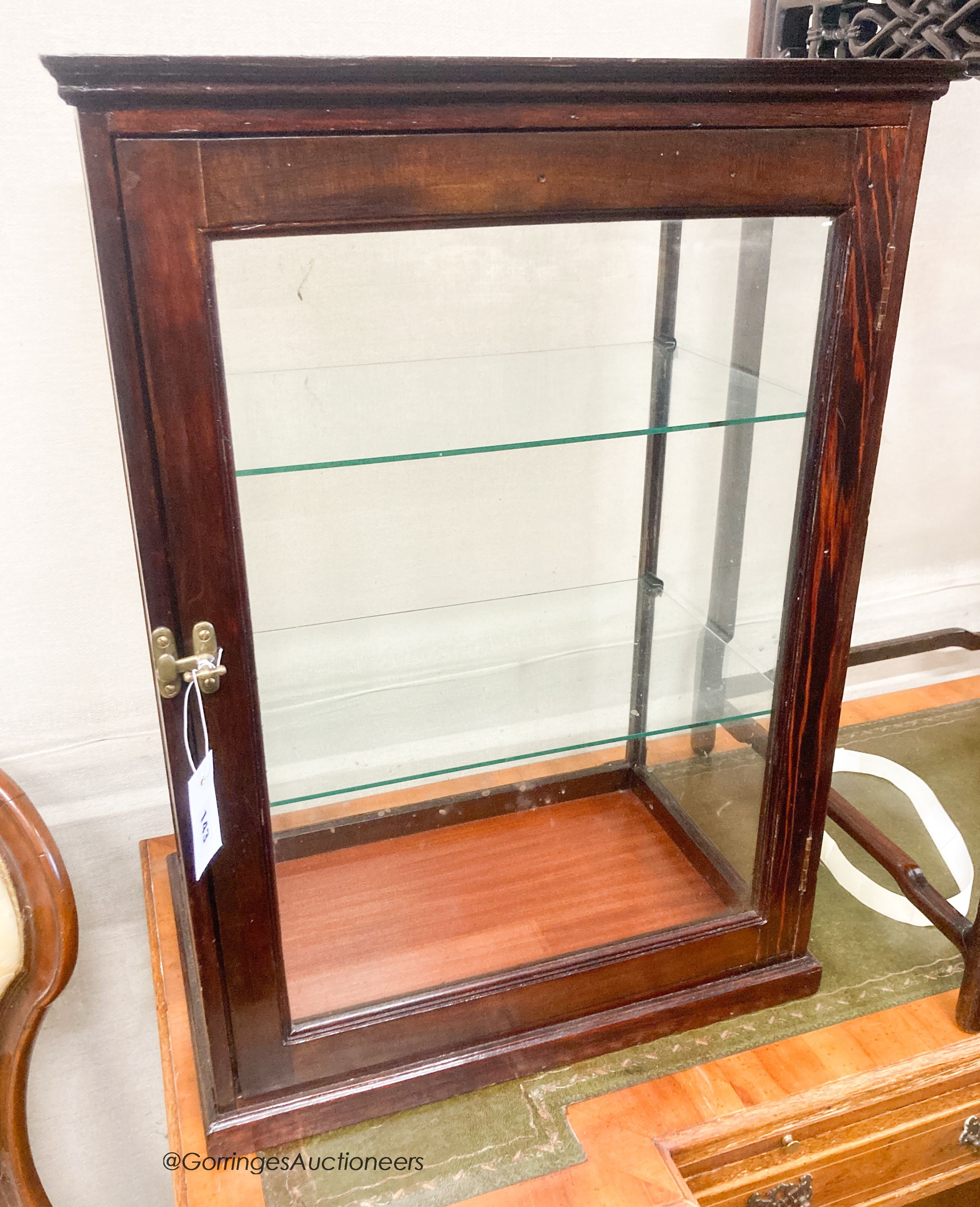 An early 20th century pine and mahogany counter top display cabinet, width 52cm, depth 34cm, height 73cm